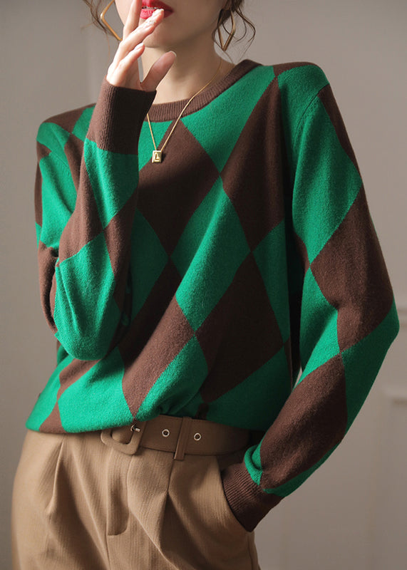 Unique Green Plaid O-Neck Patchwork Thick Woolen Knit Sweaters Long Sleeve