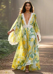 Unique Green Print High Waist Patchwork Chiffon Long Dresses Spring