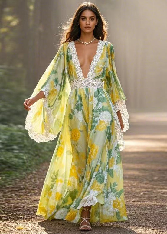 Unique Green Print High Waist Patchwork Chiffon Long Dresses Spring