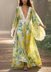 Unique Green Print High Waist Patchwork Chiffon Long Dresses Spring