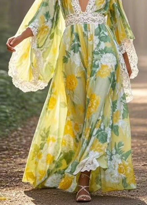 Unique Green Print High Waist Patchwork Chiffon Long Dresses Spring