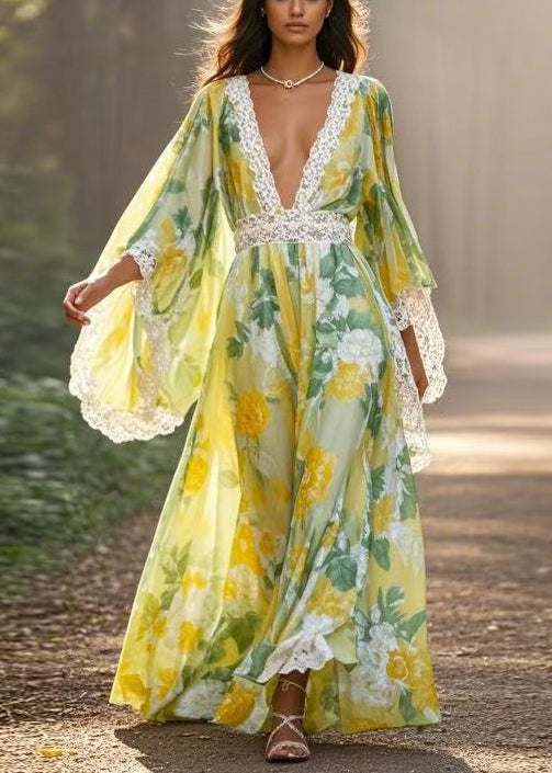 Unique Green Print High Waist Patchwork Chiffon Long Dresses Spring