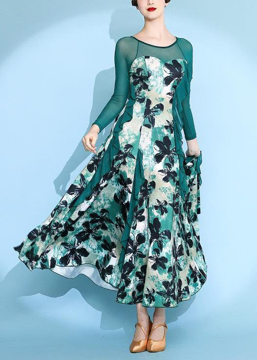 Unique Green Print Patchwork Chiffon Maxi Dresses Spring