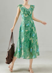 Unique Green Ruffled Butterfly Silk Long Dress Summer