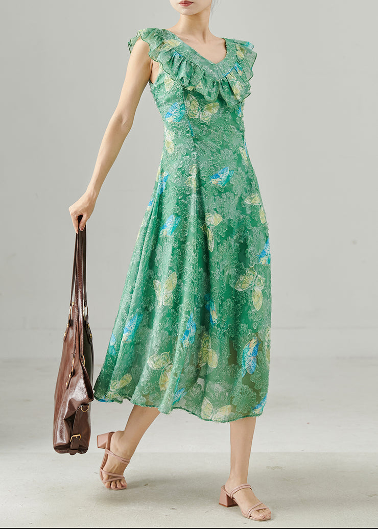 Unique Green Ruffled Butterfly Silk Long Dress Summer