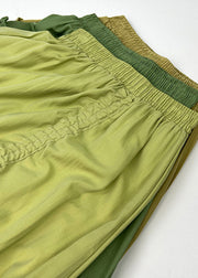 Unique Green Ruffled Drawstring Draping Elastic Waist Silk Cotton Pleated Skirt Summer