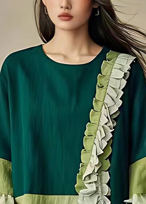 Unique Green Ruffled Front Open Cotton Top Flare Sleeve
