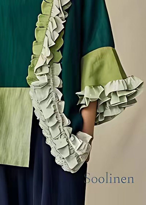 Unique Green Ruffled Front Open Cotton Top Flare Sleeve