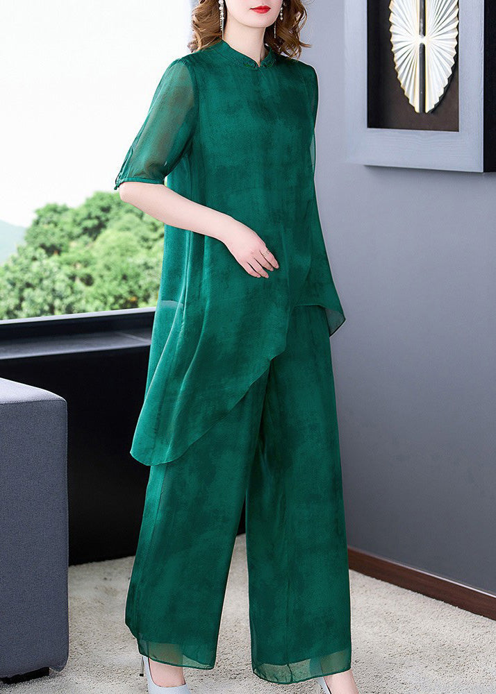 Unique Green Stand Collar Asymmetrical Silk Top And Wide Leg Pants Two Pieces Set Summer