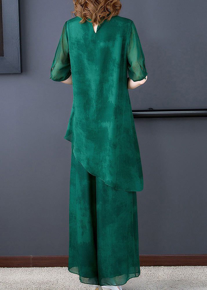 Unique Green Stand Collar Asymmetrical Silk Top And Wide Leg Pants Two Pieces Set Summer