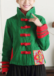 Unique Green Stand Collar Embroideried Patchwork Cotton Chinese Style Coats Spring