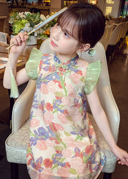 Unique Green Stand Collar Print Button Girls Mid Dresses Sleeveless
