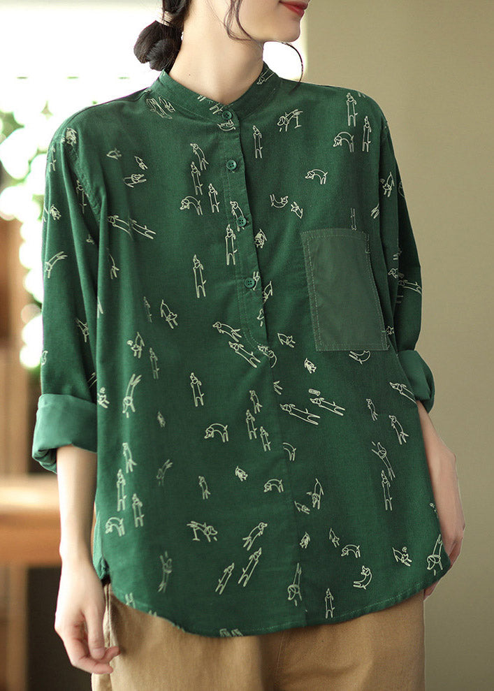 Unique Green Stand Collar Print Button Velour Shirt Long Sleeve