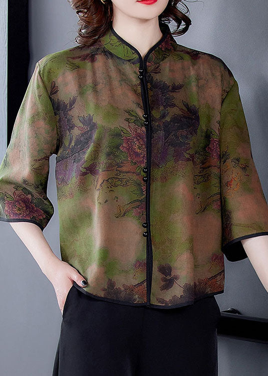 Unique Green Stand Collar Print Silk Shirt Tops Spring