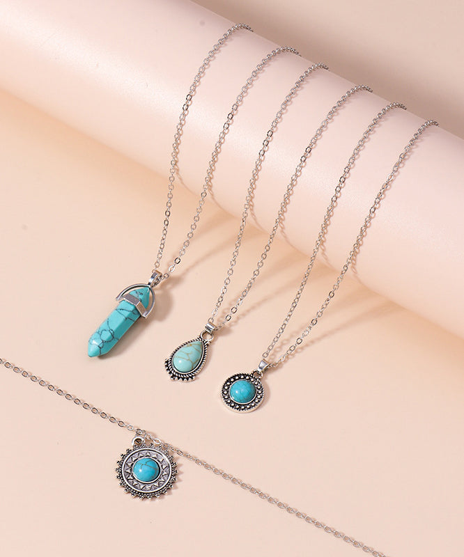 Unique Green Sterling Silver Alloy Turquoise Four Piece Set Pendant Necklace