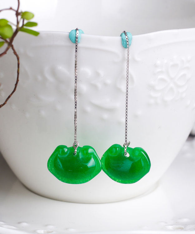 Unique Green Sterling Silver Dry Green Jade Ruyi Drop Earrings