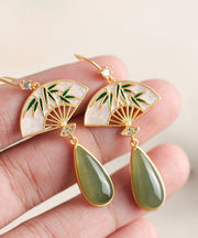 Unique Green Sterling Silver Overgild Pearl Zircon Fan Shaped Drop Earrings