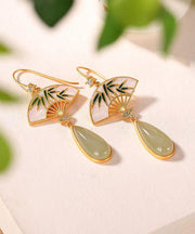 Unique Green Sterling Silver Overgild Pearl Zircon Fan Shaped Drop Earrings