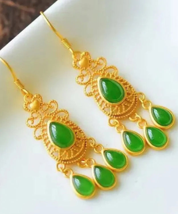 Unique Green Sterling Silver Tassel Jade Water Drop Earrings