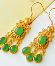 Unique Green Sterling Silver Tassel Jade Water Drop Earrings