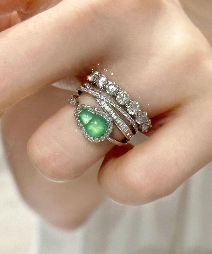 Unique Green Sterling Silver Zircon Crystal Gourd Rings