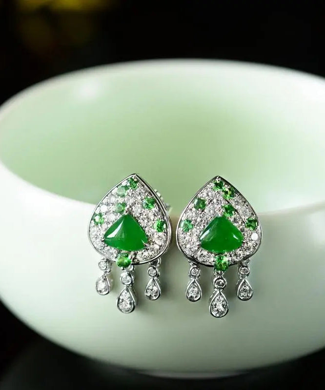 Unique Green Sterling Silver Zircon Icy Species Chalcedony Tassel Stud Earrings