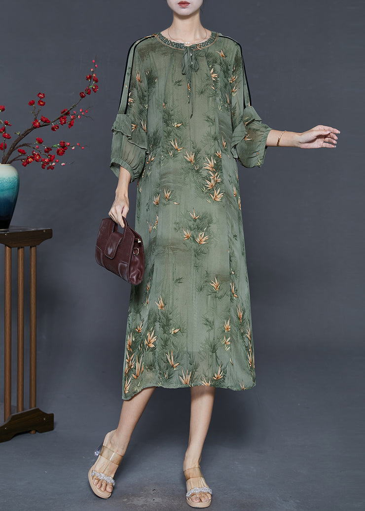 Unique Green Tie Neck Print Chiffon Long Dresses Summer