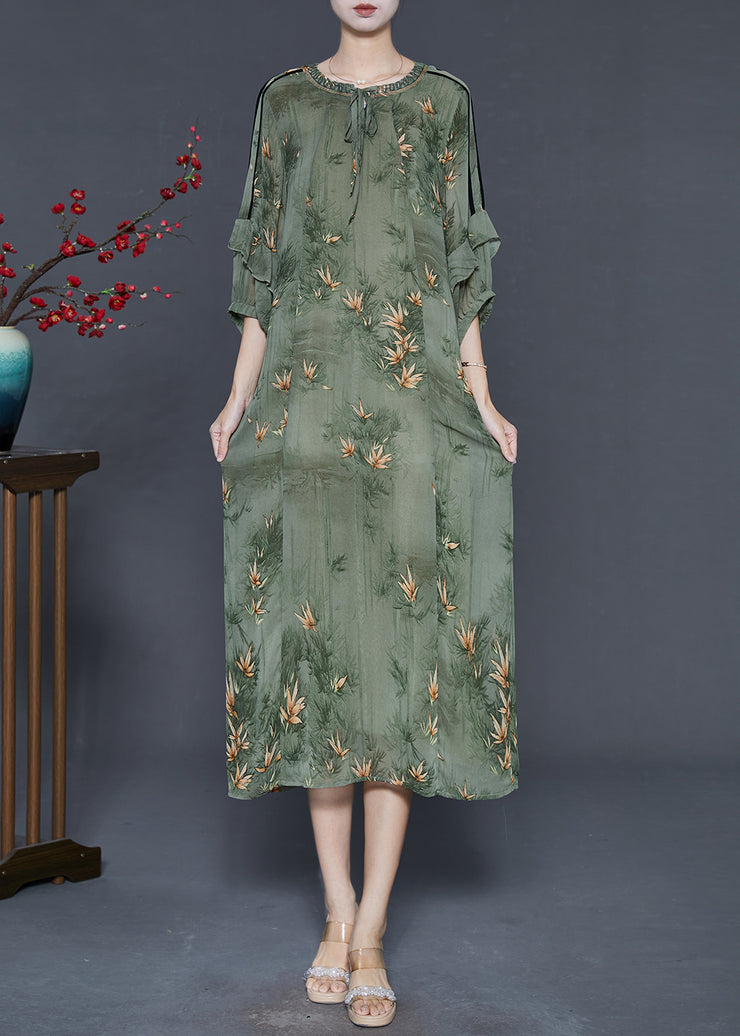 Unique Green Tie Neck Print Chiffon Long Dresses Summer