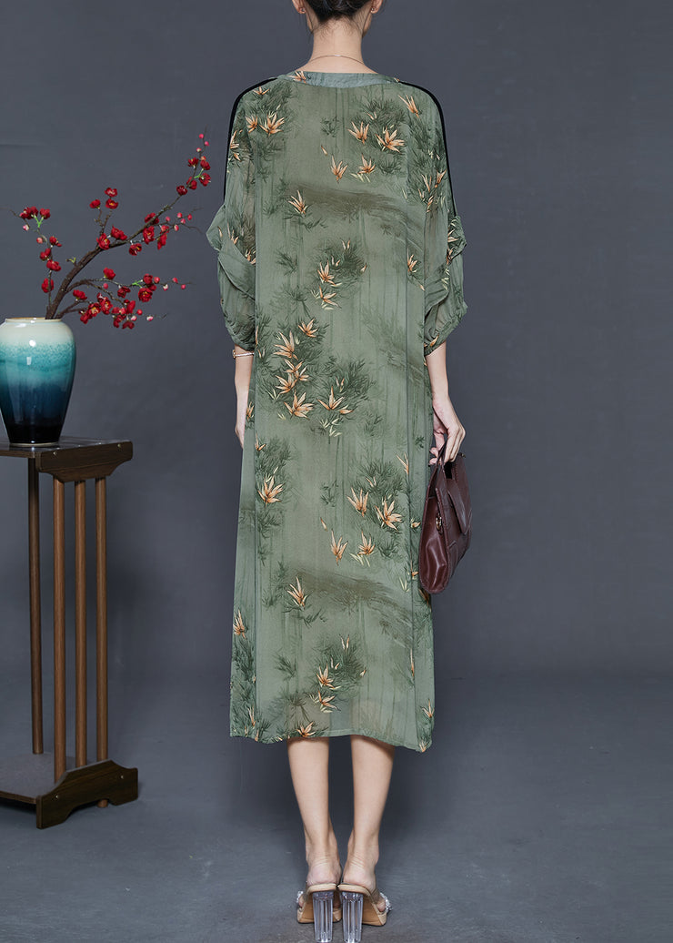 Unique Green Tie Neck Print Chiffon Long Dresses Summer