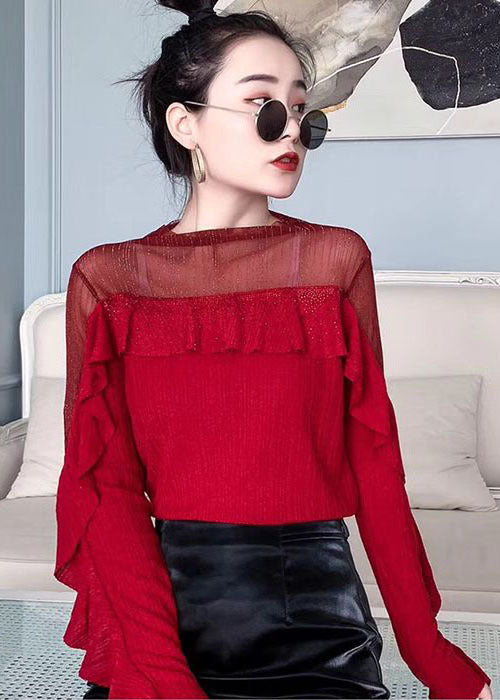 Unique Green Tulle Patchwork Ruffles Shirt Tops Long Sleeve