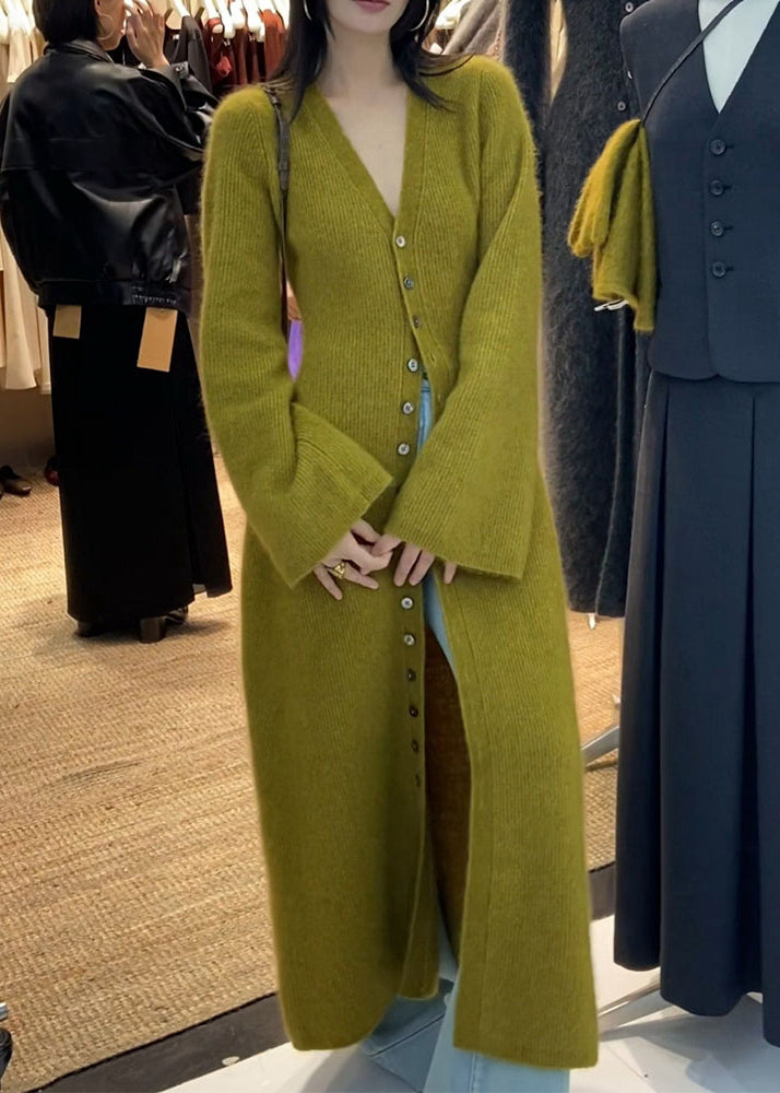 Unique Green V Neck Button Knit Long Cardigan Fall