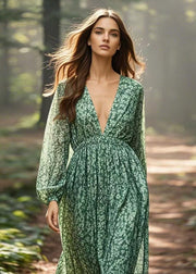 Unique Green V Neck Print Chiffon Dress Spring