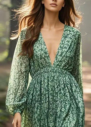 Unique Green V Neck Print Chiffon Dress Spring