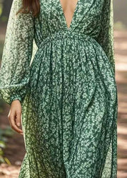 Unique Green V Neck Print Chiffon Dress Spring