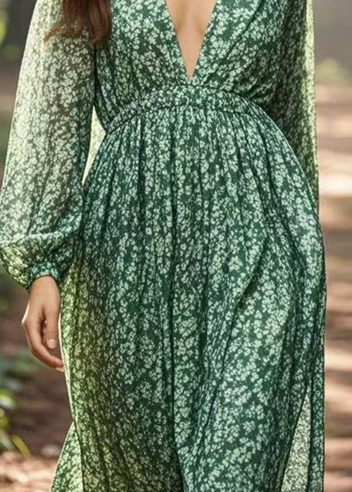 Unique Green V Neck Print Chiffon Dress Spring