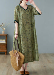 Unique Green V Neck Print Patchwork Linen Long Dress Summer