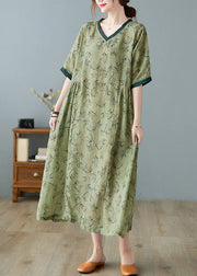 Unique Green V Neck Print Patchwork Linen Long Dress Summer