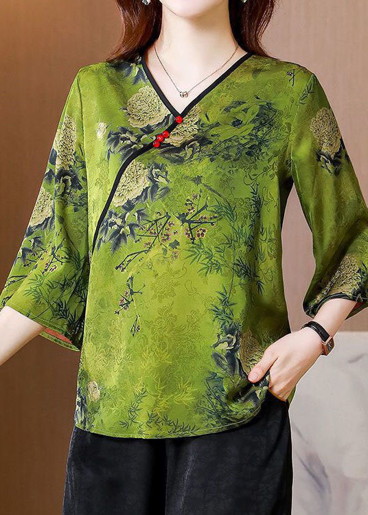 Unique Green V Neck Print Patchwork Silk Tops Bracelet Sleeve