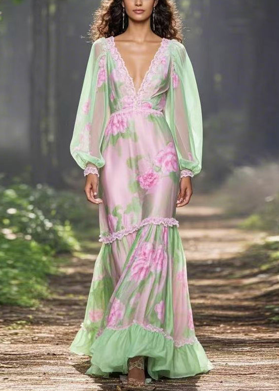 Unique Green V Neck Ruffled Print Chiffon Long Dress Spring