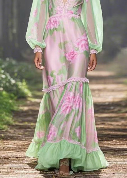 Unique Green V Neck Ruffled Print Chiffon Long Dress Spring