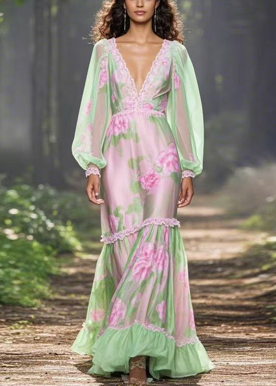 Unique Green V Neck Ruffled Print Chiffon Long Dress Spring