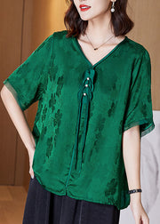 Unique Green V Neck Tassel Patchwork Jacquard Silk Shirt Short Sleeve