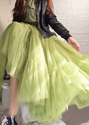 Unique Green Wrinkled Patchwork Tulle Skirt Summer