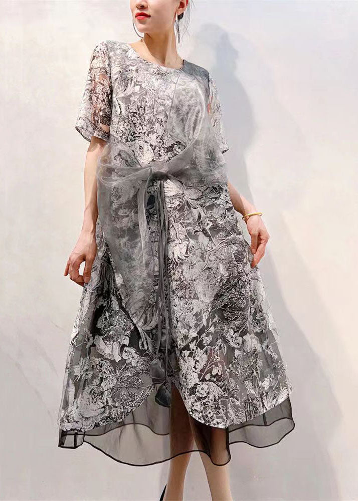 Unique Grey Bow Embroideried Patchwork Tulle Dress Summer