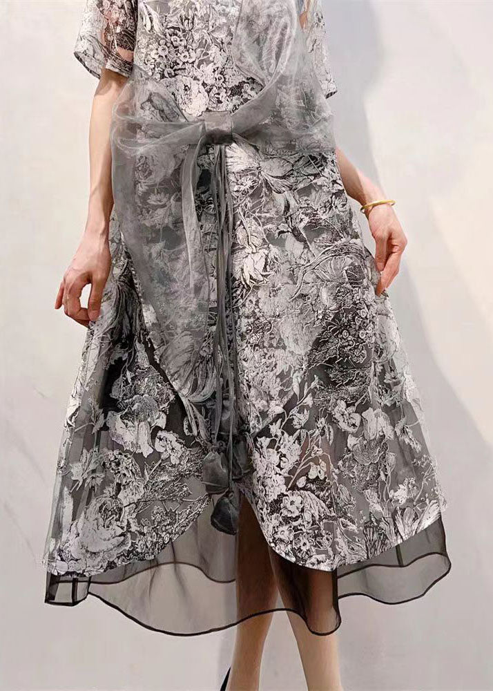 Unique Grey Bow Embroideried Patchwork Tulle Dress Summer