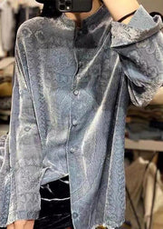 Unique Grey Button Patchwork Silk Velour Shirts Long Sleeve