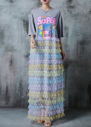Unique Grey Cartoon Patchwork Layered Tulle Cotton Long Dress Summer