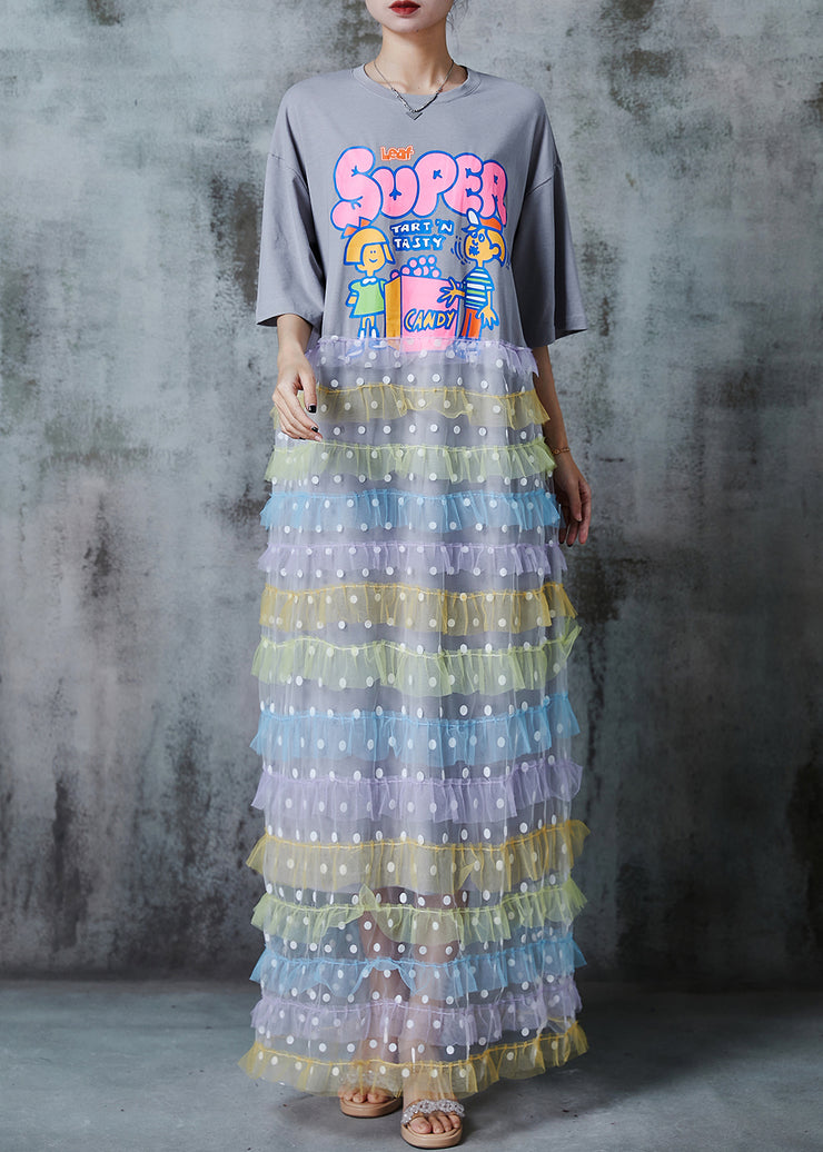 Unique Grey Cartoon Patchwork Layered Tulle Cotton Long Dress Summer