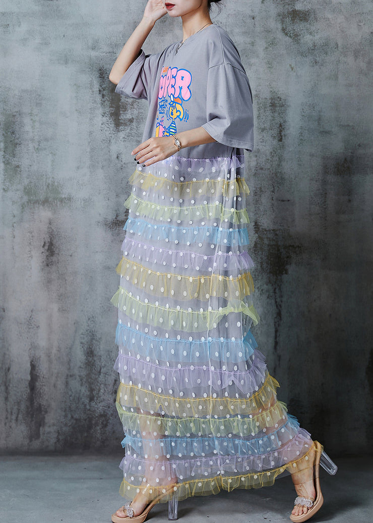 Unique Grey Cartoon Patchwork Layered Tulle Cotton Long Dress Summer