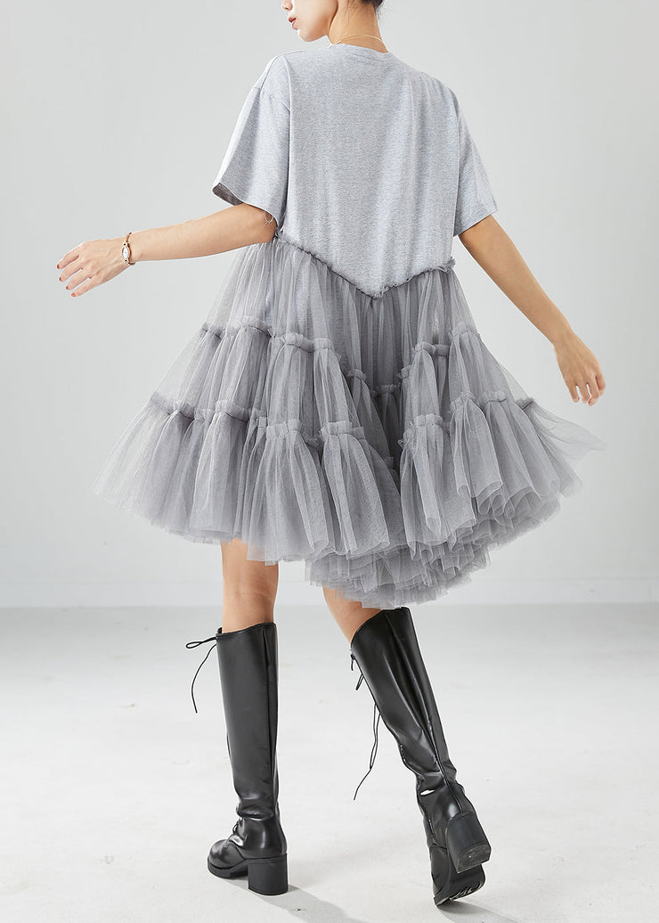 Unique Grey Cartoon Zircon Tulle Patchwork Cotton Party Dress Summer